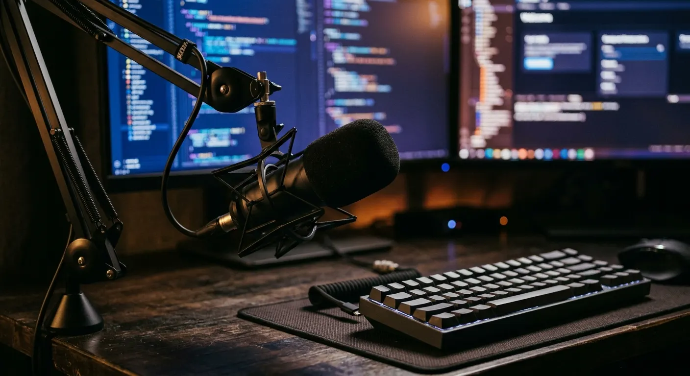 A studio condenser microphone on a boom arm next to a low-profile mechanical keyboard, dual code editors glowing in the background