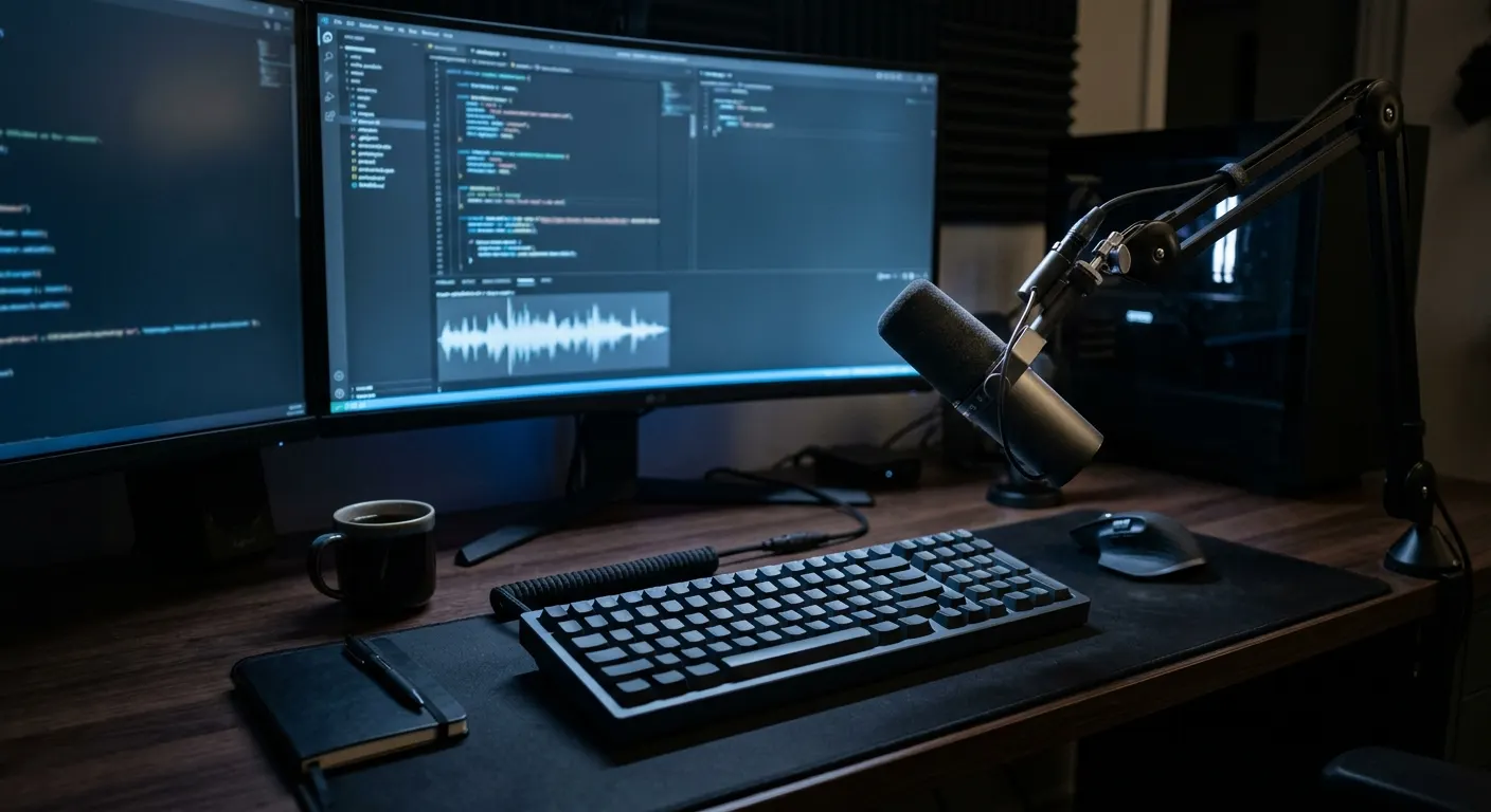 A studio microphone on a boom arm beside a mechanical keyboard on a dark developer desk lit by code-editor glow